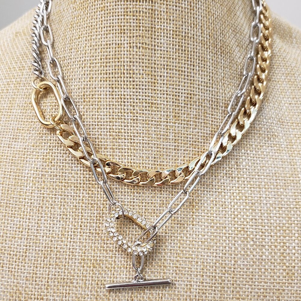 Silver & gold tone, NWT, double chain link rhinestone toggle necklace earrings